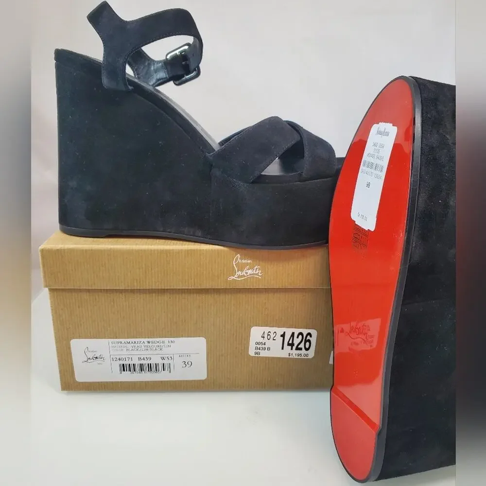 NWT$1,195 CHRISTIAN LOUBOUTIN Supramariza Black Velvet Wedge Heel Sandals Sz 39